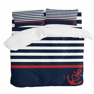 4 Pieces Nautical Duvet Cover Queen Bedding Sets Marine Theme Red Anchor for Bedroom Decor,Ultra Soft Luxury Comforter Cover Set with Bed Sheet and Pillow Shams Dark Navy Blue and White Stripes