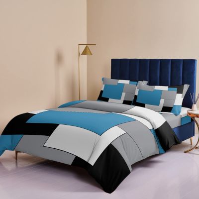 4 Pieces Duvet Cover California King Bedding Sets Abstract Geometric Color Block for Bedroom Decor,Soft Luxury Comforter Cover Set with Bed Sheet Pillow Shams Blue Gray White Black Splicing Plaid