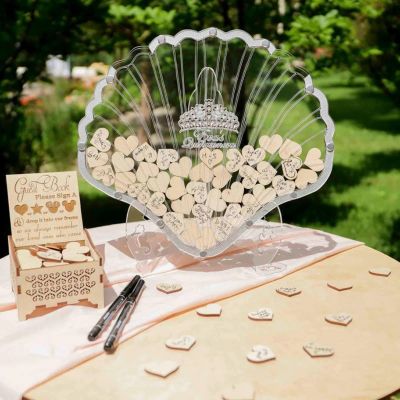 Drawelry Personalized Wedding Wooden Guest Book: Shell Acrylic Custom Name Guest Book Alternative Inserts Box DIY Custom Rustic Wedding Heart Drop Guest Book for Anniversary Wedding Decor (Shall)