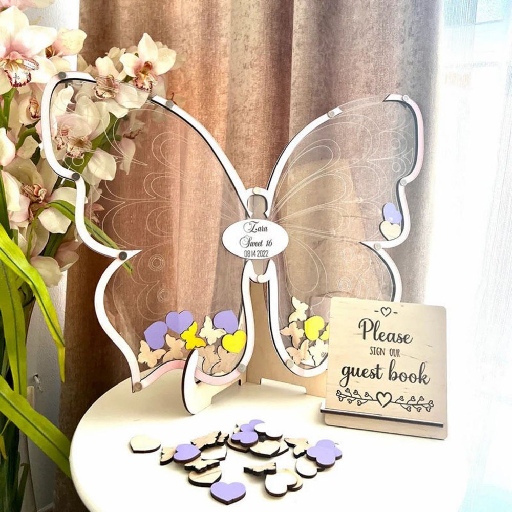 Personalized Wedding Wooden Guest Book: Shell Acrylic Custom Name Guest Book Alternative Inserts Box DIY Custom Rustic Wedding Heart Drop Guest Book for Anniversary Wedding Decor (Butterfly)