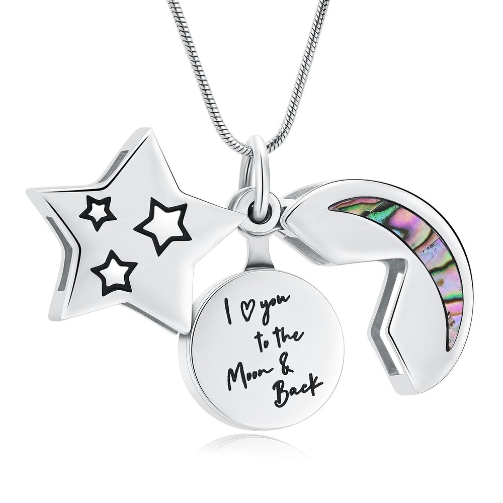 BAOWIQI Star/Moon Cremation Jewelry For Ashes Cremation Urn Pendant Ashes Memorial Necklace for Man/Women (Steel)