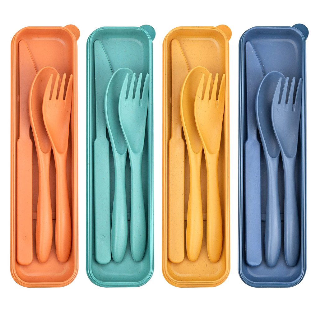 DISSKNIC 4 Sets Reusable Utensils Set with Case,Travel Utensils Cutlery Set Spoons and Forks Set, Reusable Plastic Utensils for Lunch Box Accessories for Adults, Portable Lunch Utensils Set for Daily