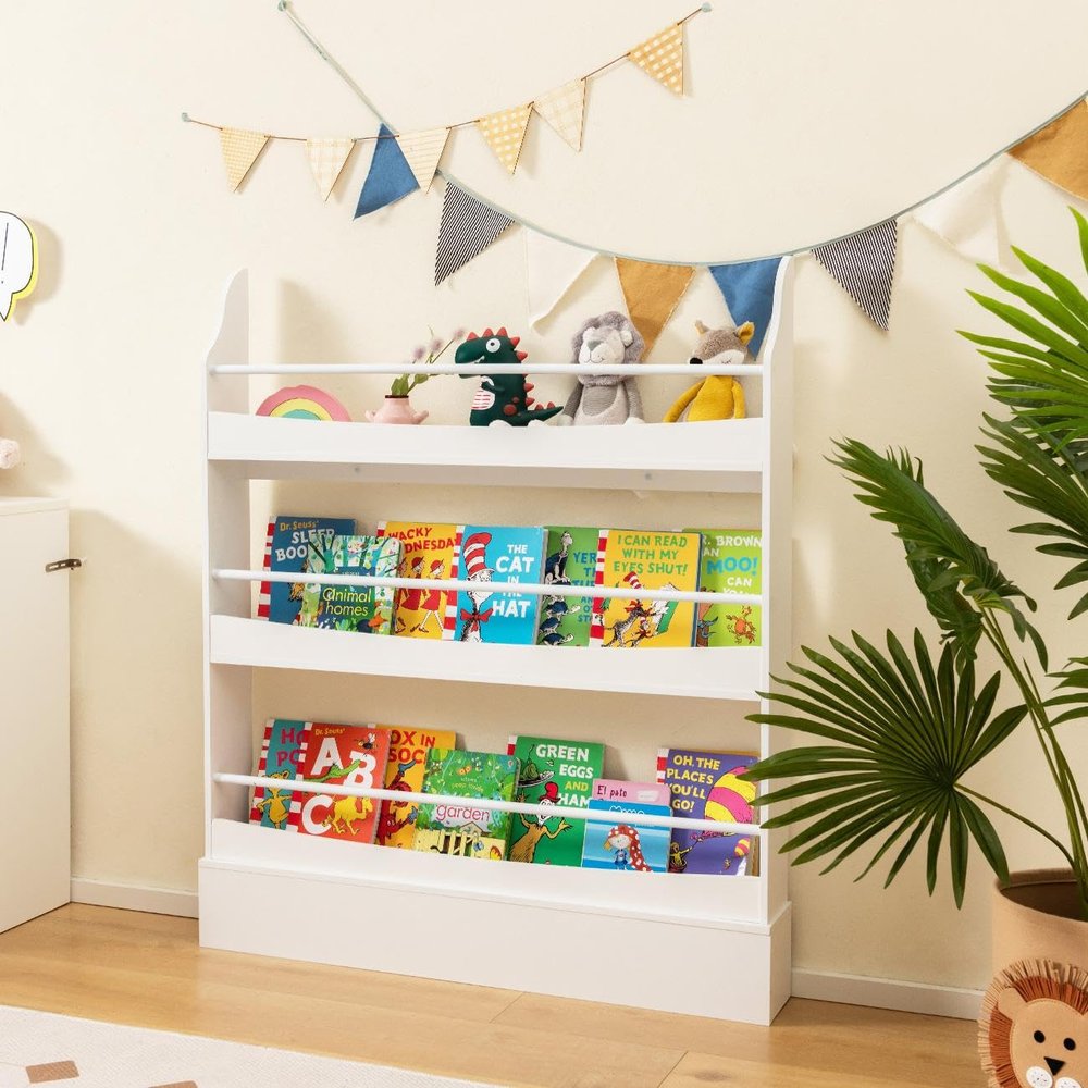 Costzon Wall-Mounted Kids Bookshelf, 3-Tier Wooden Book Shelf Organizer for Books and Toys, Toddler Space-Saving Bookcase Toy Rack for Bedroom, Living Room, Nursery, Playroom (White)