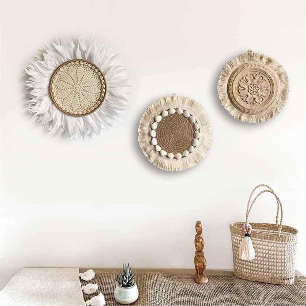 Wall Hanging Basket Decoration Set of 3 Round Handmade Wicker Baskets Boho Wall Art Ideal for Living Room or Bedroom,Braided Basket Hanging Loop