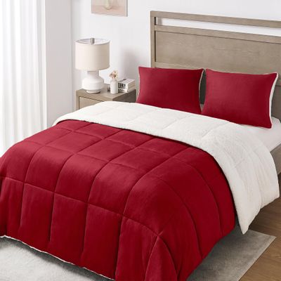 Basic Beyond Twin Comforter Set - Micromink Fleece Sherpa Comforter for Twin Bed, Soft and Warm Twin Bedding Comforter Set for Girls and Boys in Winter, Red, 64"x88"