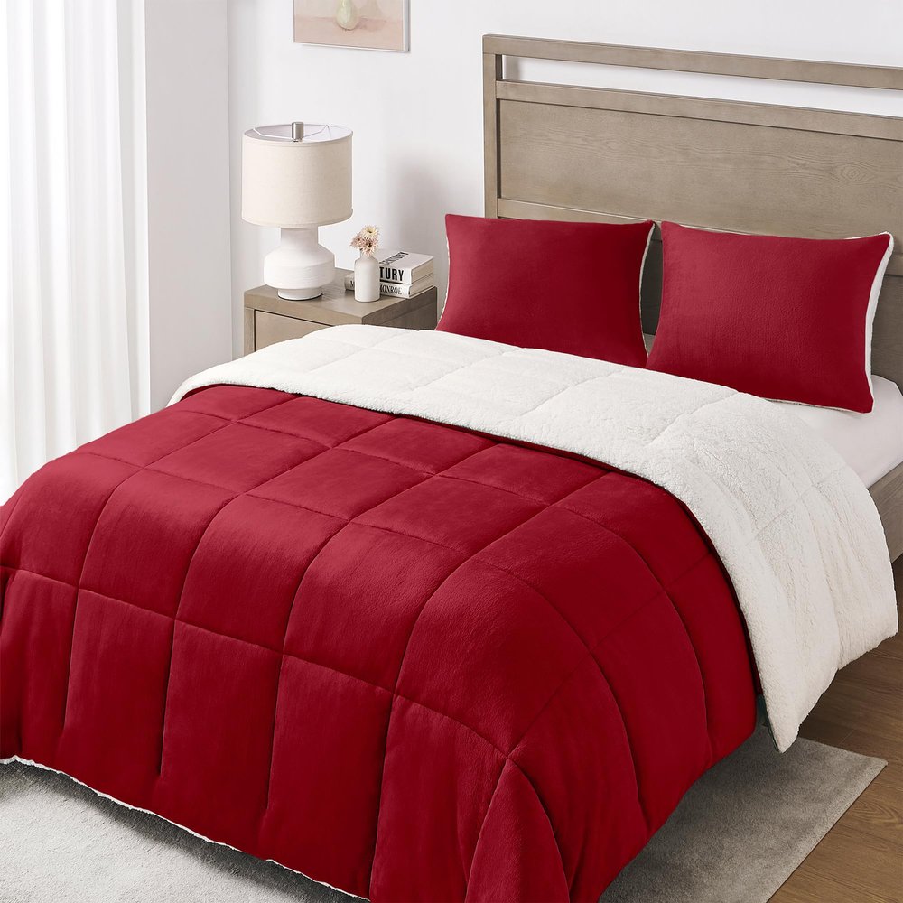 Basic Beyond Twin Comforter Set - Micromink Fleece Sherpa Comforter for Twin Bed, Soft and Warm Twin Bedding Comforter Set for Girls and Boys in Winter, Red, 64"x88"