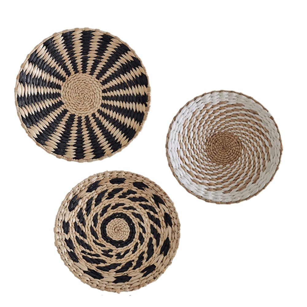 Boho Wall Basket Decor Set of 3, Handmade Woven Rattan Wall Plates,Round Flat Wicker Baskets for Living Room Bedroom