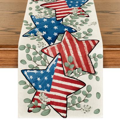 Artoid Mode American Flag Stars Eucalyptus Veterans Day Table Runner, Memorial Day Kitchen Dining Table Decoration for Home Party Decor 13x108 Inch