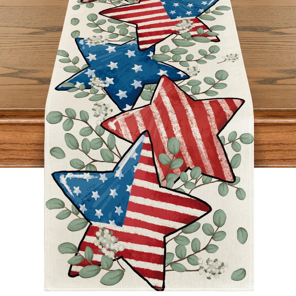 Artoid Mode American Flag Stars Eucalyptus Veterans Day Table Runner, Memorial Day Kitchen Dining Table Decoration for Home Party Decor 13x108 Inch