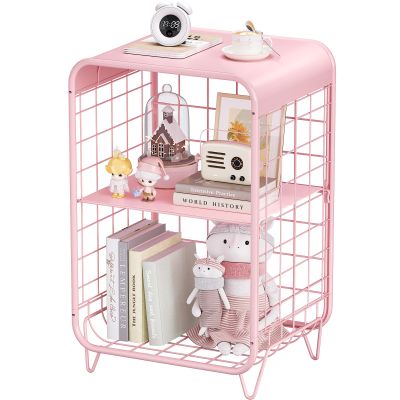APEXCHASER Cute Kids Pink Nightstand,Metal Side Table,3 Tier End Table with Storage,Vintage Bedside Table,Girls Bedroom Furniture for Living Room,Bedroom,Dorm