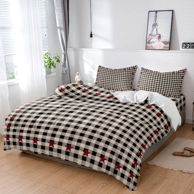 Queener Home 4-Piece California King Bedding Set Duvet Cover, Rustic Star on Vintage Country Buffalo Check Warm Cozy Quilt Covers Bed Sheets with 2 Pillow Sham Black Beige Plaid Bedroom Hotel Decor