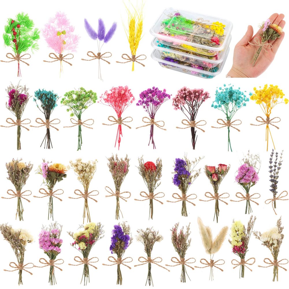 30 Pcs Mini Don't Forget Me Flower Bouquets Purple Natural Dried Flowers Bouquet Dry Flower&Leaves Lavender Dried Embossing Flower Bundles Plant Stem Bunch for DIY Craft,Photo Props,Wedding Decoration