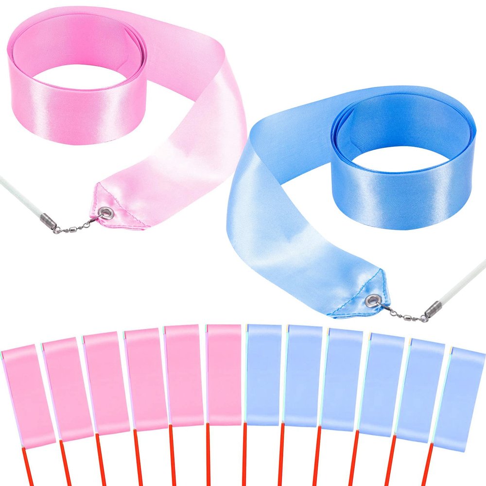 12PCS Pink Blue Dance Ribbons Party Favors for Boys and Girls Baby Shower Gender Reveal Rhythmic Gymnastics Birthday Party Streamers Decoration, Kids Circus Carnival Ribbon Silks Sticks Wands