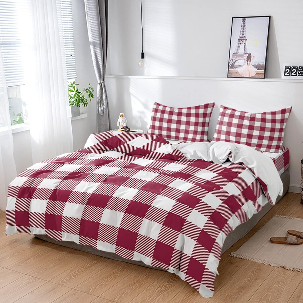 Queener Home 4-Piece California King Bedding Set Duvet Cover, Pastoral Retro Red White Buffalo Check Plaid Warm Cozy Quilt Covers Bed Sheets with 2 Pillow Sham Modern Checkered Bedroom Hotel Decor