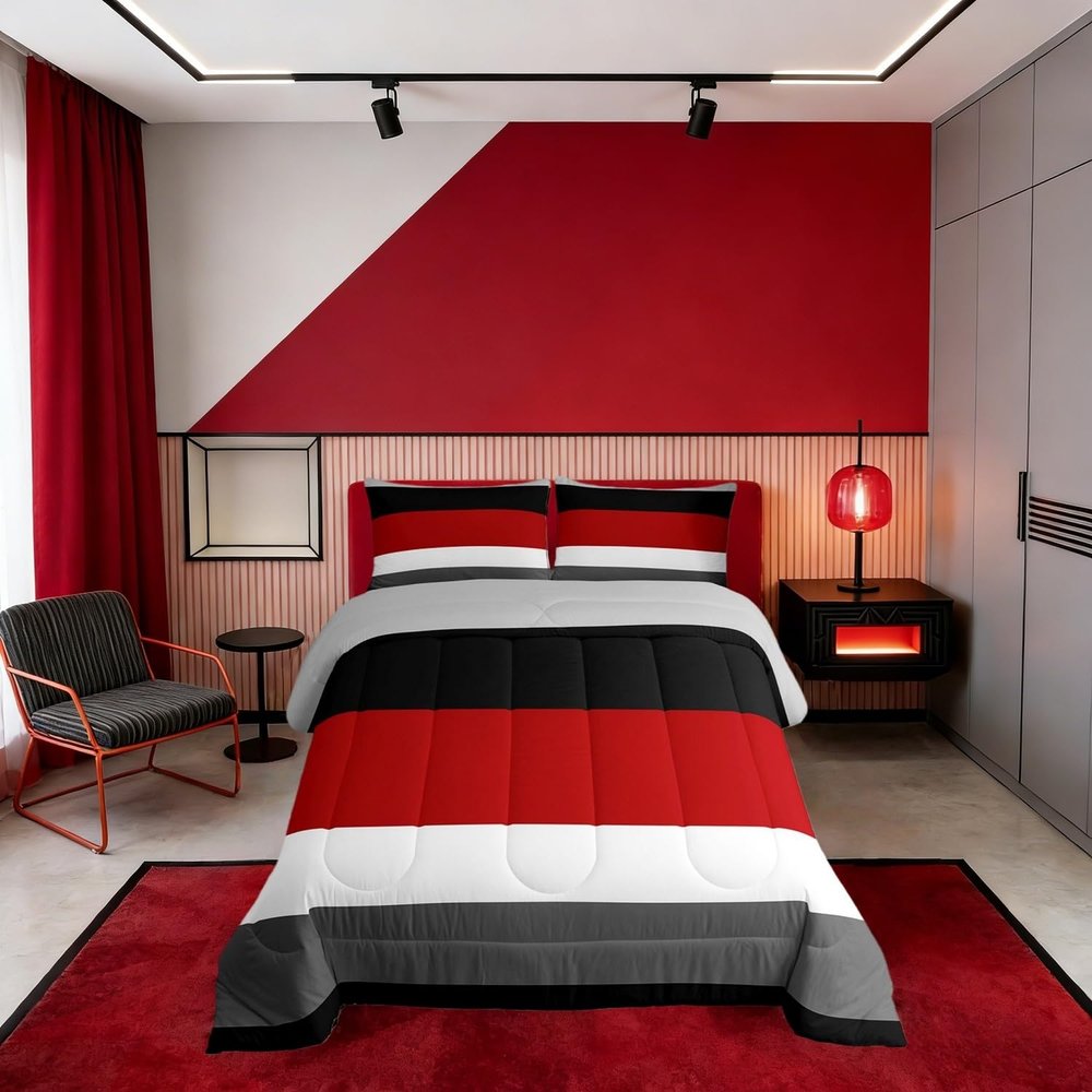 Erosebridal Red Black Stripes Full Size Comforter,Patchwork Geometric Striped Bedding Set White Grey Lines Comforter Set Farmhouse Room Decor,Soft Lightweight Quilt Duvet Insert 3 Pcs