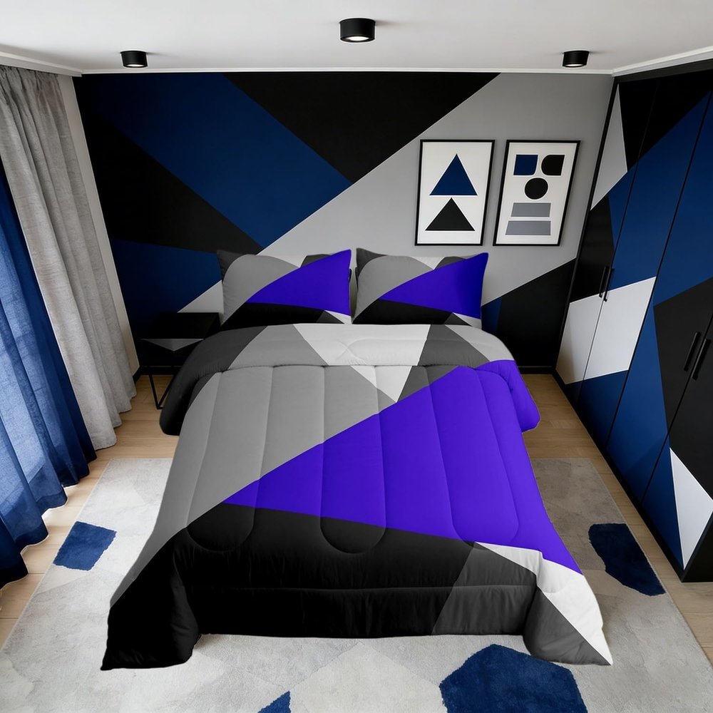 Erosebridal Navy Blue Black Gray Comforter Set Rustic Farmhouse Bedding Set Full Patchwork Geometric Triangle Down Comforter for Boys Adults Men Modern Abstract Quilt Duvet Insert with 2 Pillow Cases