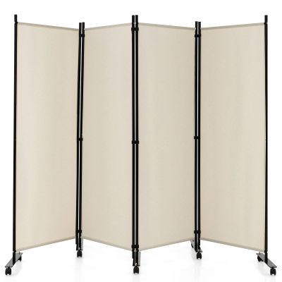 LDAILY 4 Panels Folding Room Divider, 6FT Tall Fabric Privacy Screen w/Metal Frame, Freestanding Partition Wall Divider w/Rolling Wheels for Bedroom, Dining Room, Office, Hospital (White, 4-Panel)