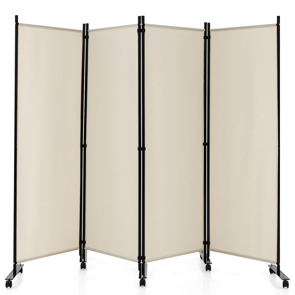 LDAILY 4 Panels Folding Room Divider, 6FT Tall Fabric Privacy Screen w/Metal Frame, Freestanding Partition Wall Divider w/Rolling Wheels for Bedroom, Dining Room, Office, Hospital (White, 4-Panel)
