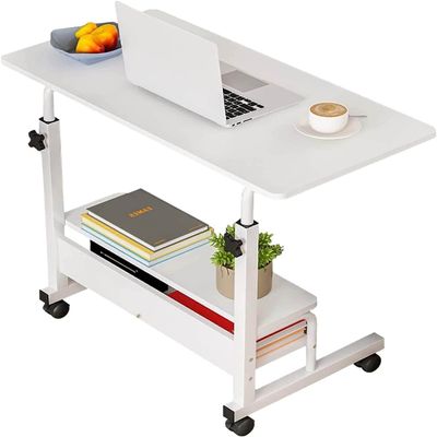 Ahdelhsdg Small Desk for Small Spaces, Rolling, Adjustable Height, Portable, Laptop Desk, Mobile, Bedside Table with Storage Shelf, White, 15.7 x 31.5 Inches