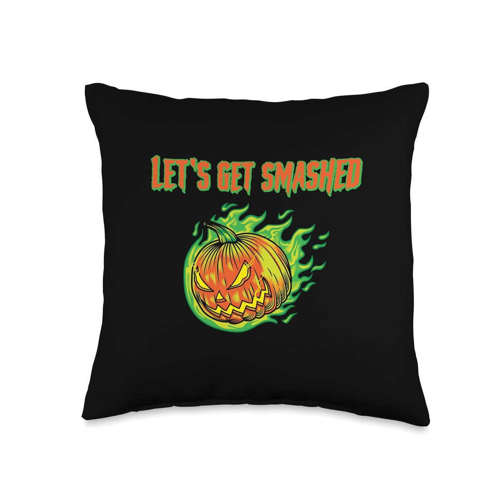 Creepy Halloween Pumpkin With Green Flame Punk Rock Pumpkin Throw Pillow