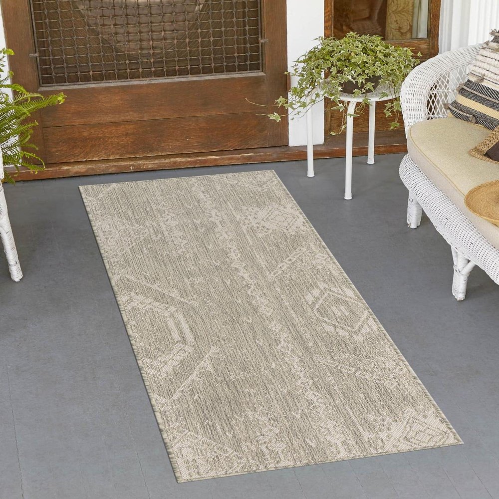 Unique Loom Outdoor Bohemian Collection Area Rug - Anthro (3' 3" x 12' Runner, Gray/ Ivory)