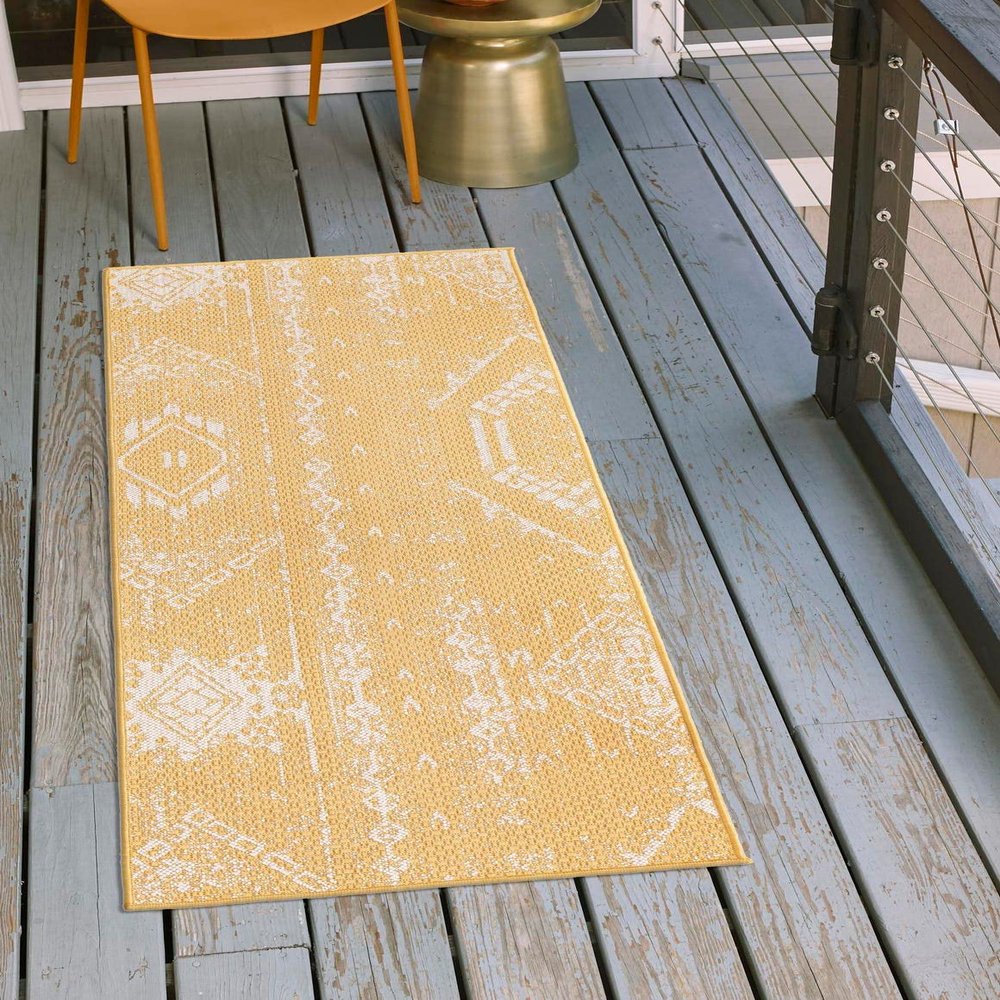 Unique Loom Outdoor Bohemian Collection Area Rug - Anthro (3' 3" x 12' Runner, Yellow/ Ivory)