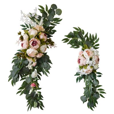 2 Pcs Wedding Arch Flowers Kit, Artificial Peony Flower Swag Backdrop Floral Garland Centerpieces, Champagne Peony Floral Swags Silk Hanging Peony Garland with Green Leaves Decor for Home(Pink)