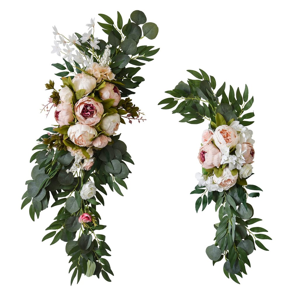 2 Pcs Wedding Arch Flowers Kit, Artificial Peony Flower Swag Backdrop Floral Garland Centerpieces, Champagne Peony Floral Swags Silk Hanging Peony Garland with Green Leaves Decor for Home(Pink)