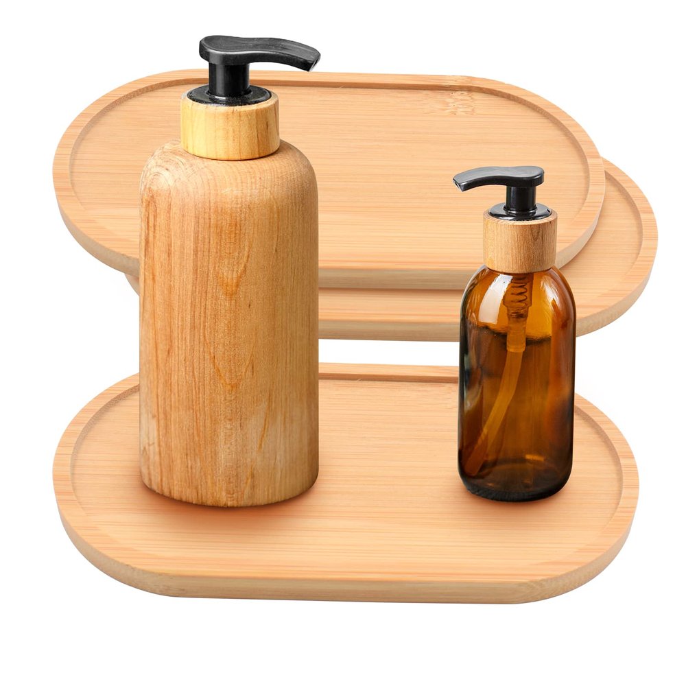 3 Pack Bamboo Trays for Bathroom Shampoo Shower Dispenser Holder Accessories Countertop Light Wood Organizer Plate Tabletop Home Decoration Oval, 6.9 x 3.5 x 0.4Inch (Only Trays)