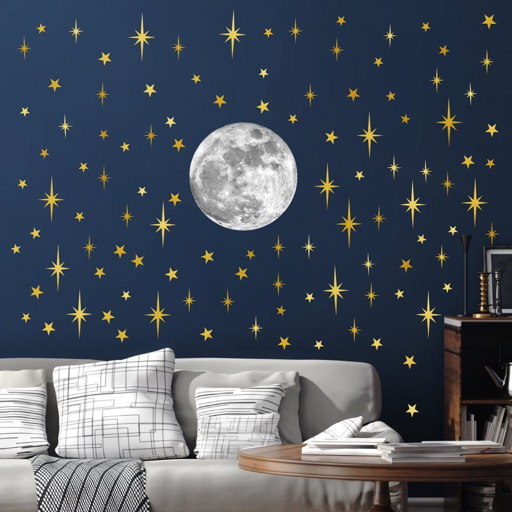 Moon and Stars Wall Decal Moon Wall Sticker Gold Star Decals Peel and Stick Wall Stickers Mural for Kids Baby Room Nursery Wall Decor Vinyl Star for Ceiling Wall Decals for Bedroom Playroom Decoration