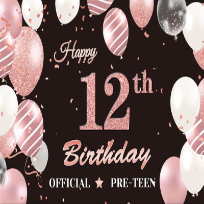 12th Birthday Decorations for Girls, Black Rose Gold 12th Birthday Backdrop Banner, Official Pre-Teen 12th Birthday Party Supplies Photography Background,12 Years Old Birthday Decorations