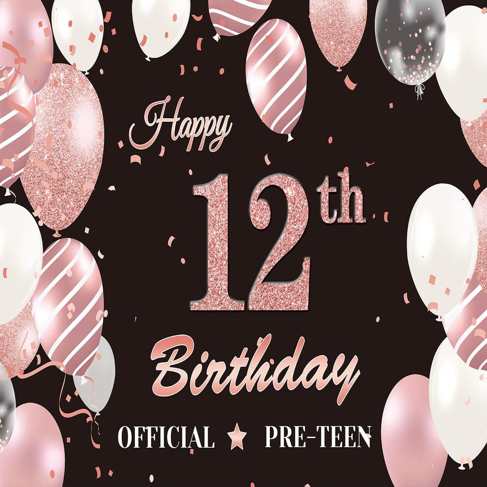12th Birthday Decorations for Girls, Black Rose Gold 12th Birthday Backdrop Banner, Official Pre-Teen 12th Birthday Party Supplies Photography Background,12 Years Old Birthday Decorations