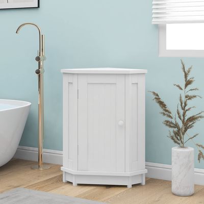 Merax Corner Storage Cabinet with Door and Adjustable Shelf, Freestanding Floor Cupboard for Bathroom, Kitchen or Living Room, Wooden, White