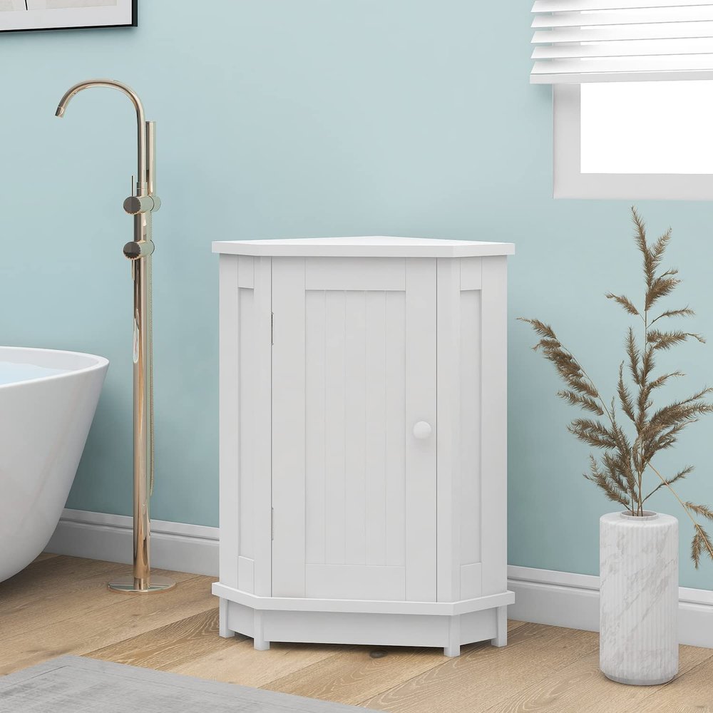 Merax Corner Storage Cabinet with Door and Adjustable Shelf, Freestanding Floor Cupboard for Bathroom, Kitchen or Living Room, Wooden, White