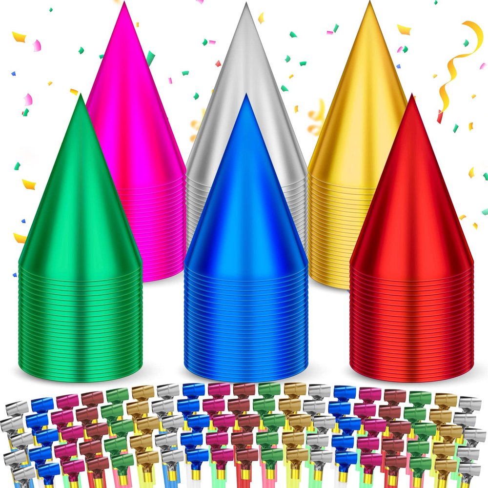Sotiff 200 Pcs Adults Birthday Party Hat and Blowers Set Metallic Foil Hat