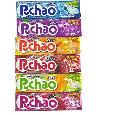 Puchao Gummy n' Soft Japanese Chewy Candy (6 pack) Cola, Ramune, Grape, Strawberry, Melon, Mango Assortment Gift Set
