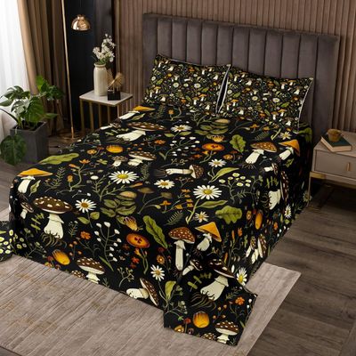 Feelyou Cute Mushroom Bedspread Kids Florl Pattern Quilted Coverlet for Boys Teens Cartoon Mushrooms Coverlet Set Breathable Botanical Leaves Black Brown Quilted King Size