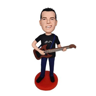 Custom Guitar Musician Bobblehead - Personalized Talented Figurine for Men, Made from Your Photo, Male Guitarist with Guitar, Handmade Clay Gift for Music Office Home Decor Collectible