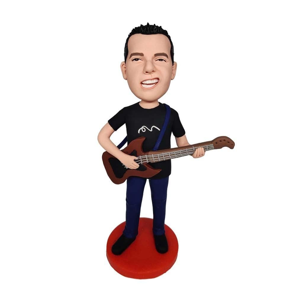 Custom Guitar Musician Bobblehead - Personalized Talented Figurine for Men, Made from Your Photo, Male Guitarist with Guitar, Handmade Clay Gift for Music Office Home Decor Collectible