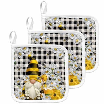 3 PCS Pot Holders for Kitchens Counter, Black White Plaid Heat Insulated Podholders Oven Hot Pads for Cooking BBQ Baking Heat Proof Mat Spring Summer Sunflower Comb Gnomes Honey Daisy Flower