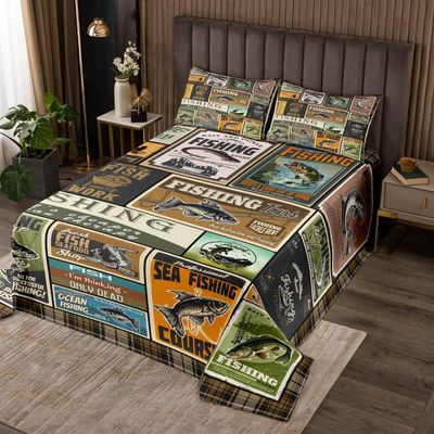 jejeloiu Fish Quilted Coverlet Vintage Fish Stamp Pattern Bedspread for Boys Girls Children Fishing and Hunting Brown Green Coverlet Set Room Decor King Size with 2 Pillow Case