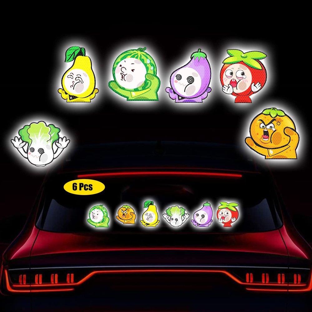 6 Pcs Fruit Cartoon Vinyl Reflective Stickers for Cars-Vesvory Creative Car Scratch Stickers and Decals Orange,Tomato,Vegetable Cartoon Window Clings