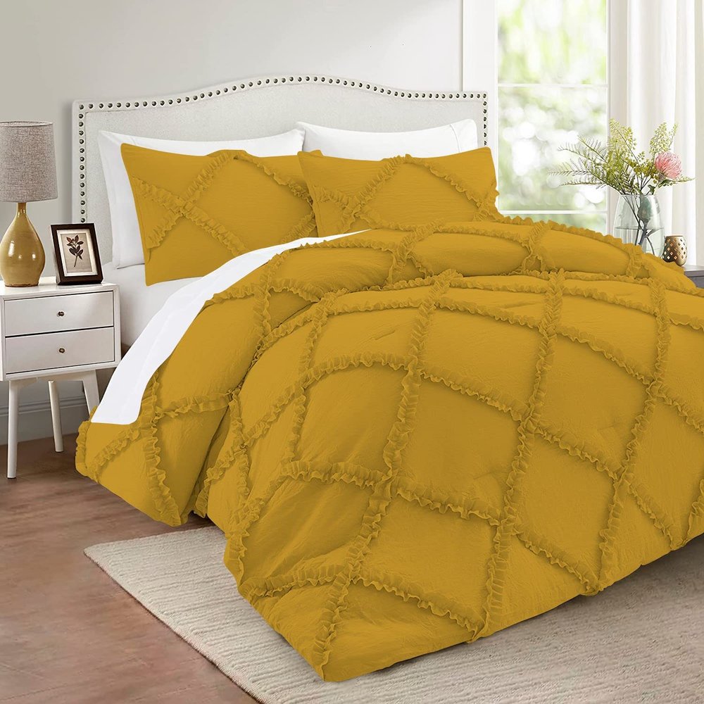 International Sheets 5 Piece Luxurious Diamond Ruffle Comforter Set Super Soft 500 GSM All Season Pintuck 1000 Thread Count, 100% Egyptian Cotton, Full/Queen Size Gold Color