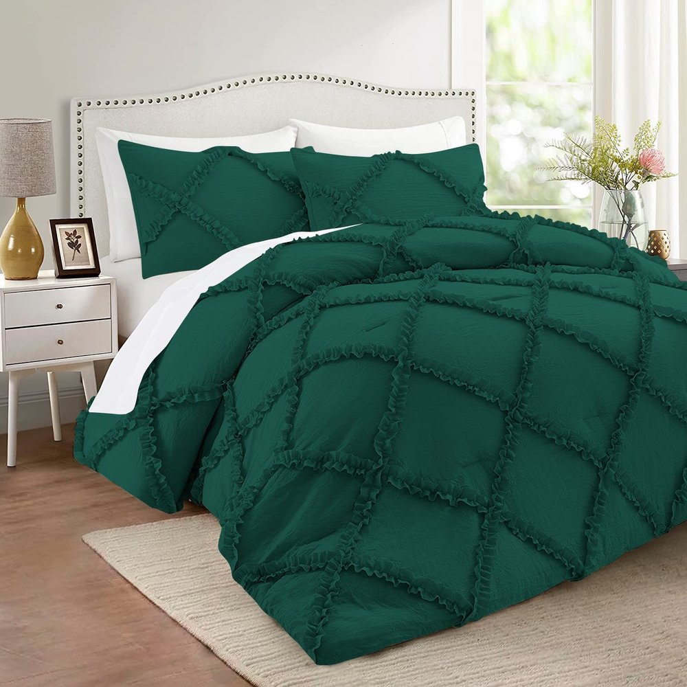 International Sheets 5 Piece Luxurious Diamond Ruffle Comforter Set Super Soft 500 GSM All Season Pintuck 1000 Thread Count, 100% Egyptian Cotton, Twin/Twin XL Size Teal Green Color