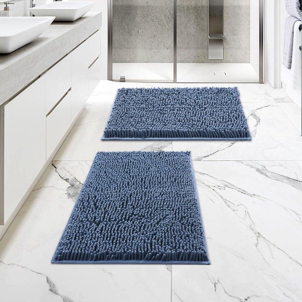 MitoVilla Blue Bathroom Rugs Set - 2 Piece 17" x 24", Non-Slip Plush Shaggy Thick Bath Carpet, Soft Absorbent Chenille Bath Rugs, Washable Shaggy Shower Bathroom Floor Mat