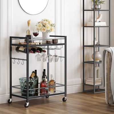 TUTOTAK Bar Cart, Serving Cart - for Home, Microwave Cart, Drink Cart, Mobile Kitchen Shelf with Wine Rack and Glass Holder, Rolling Beverage Cart, Black BC01BK031
