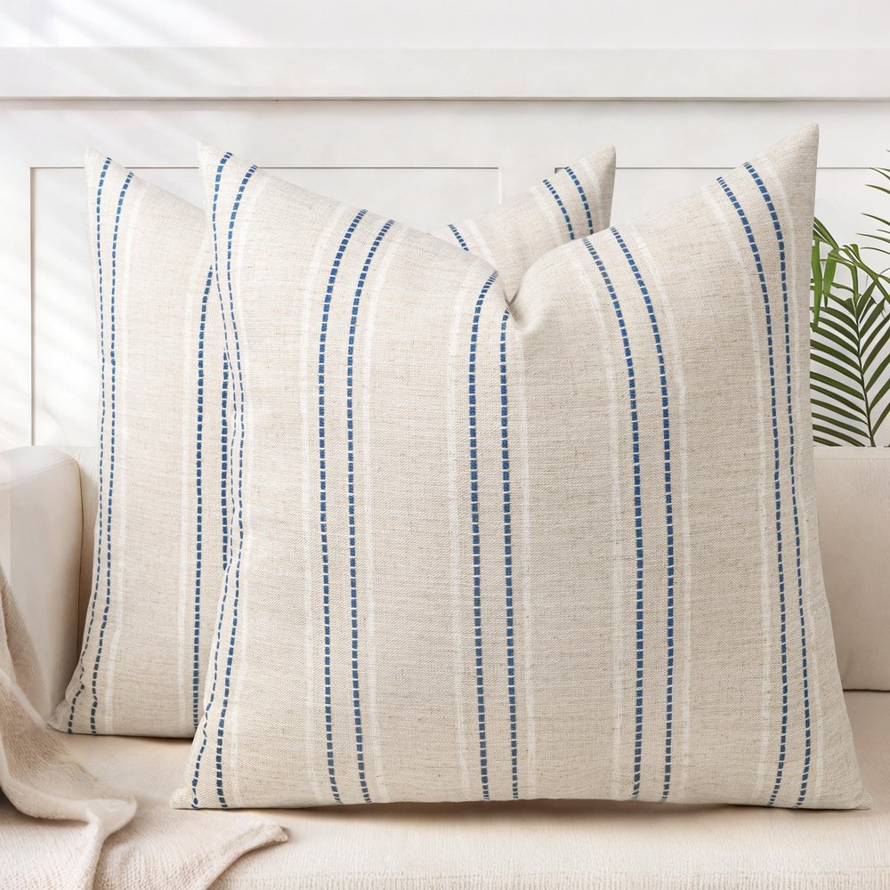AELS 26x26 Decorative Farmhouse Linen Blend Throw Pillow Covers, Boho Textured Pillow Case, Set of 2, Beige with White & Navy Blue Stitch Yarn Dyed Stripe Cushion Cover for Living Room (Cover ONLY)