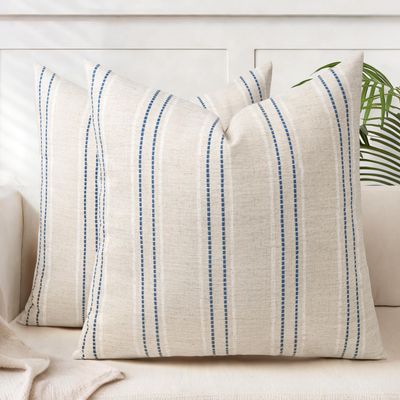 AELS 22x22 Decorative Farmhouse Linen Blend Throw Pillow Covers, Boho Textured Pillow Case, Set of 2, Beige with White & Navy Blue Stitch Yarn Dyed Stripe Cushion Cover for Living Room (Cover ONLY)