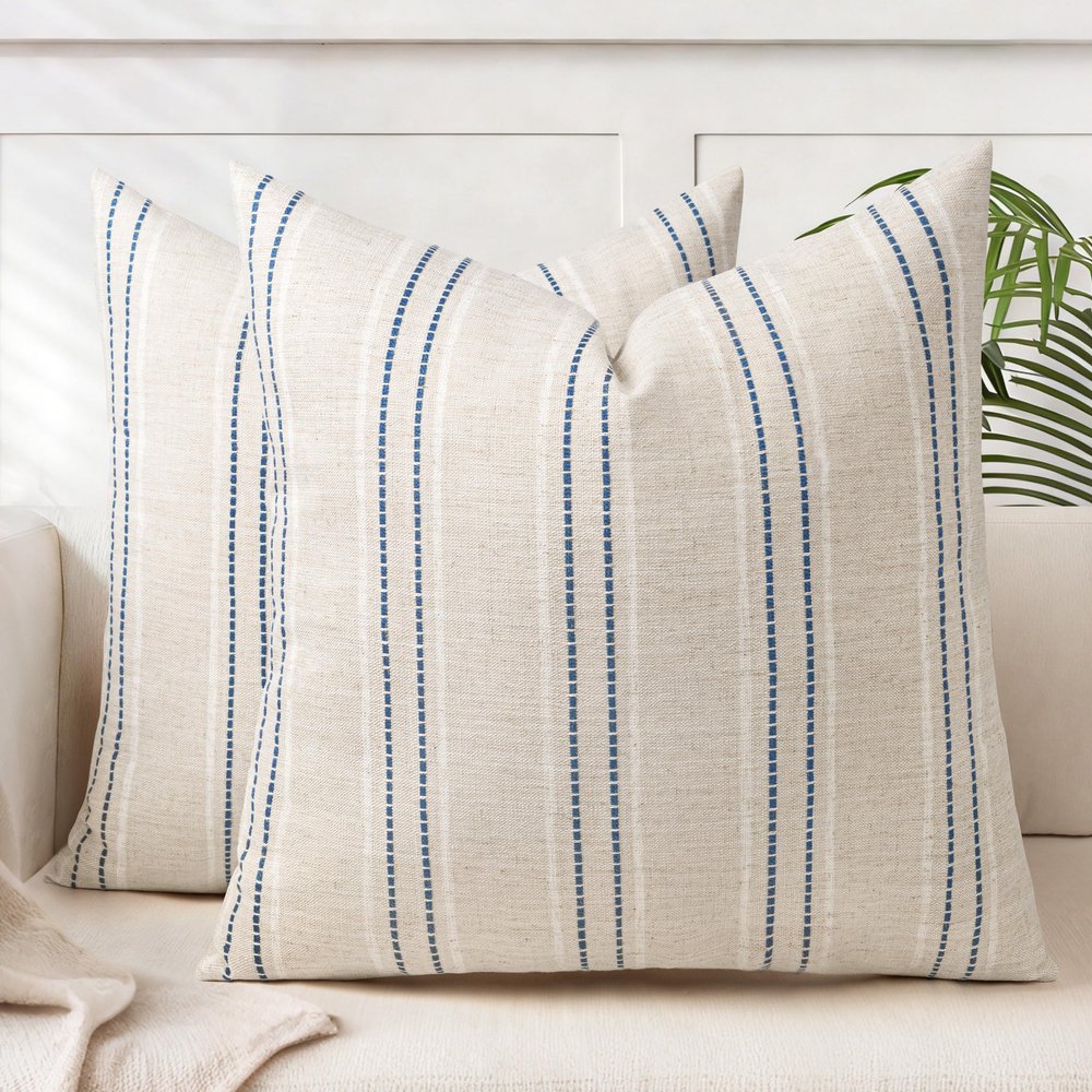 AELS 22x22 Decorative Farmhouse Linen Blend Throw Pillow Covers, Boho Textured Pillow Case, Set of 2, Beige with White & Navy Blue Stitch Yarn Dyed Stripe Cushion Cover for Living Room (Cover ONLY)