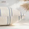 AELS 22x22 Decorative Farmhouse Linen Blend Throw Pillow Covers, Boho Textured Pillow Case, Set of 2, Beige with White & Navy Blue Stitch Yarn Dyed Stripe Cushion Cover for Living Room (Cover ONLY) view 4